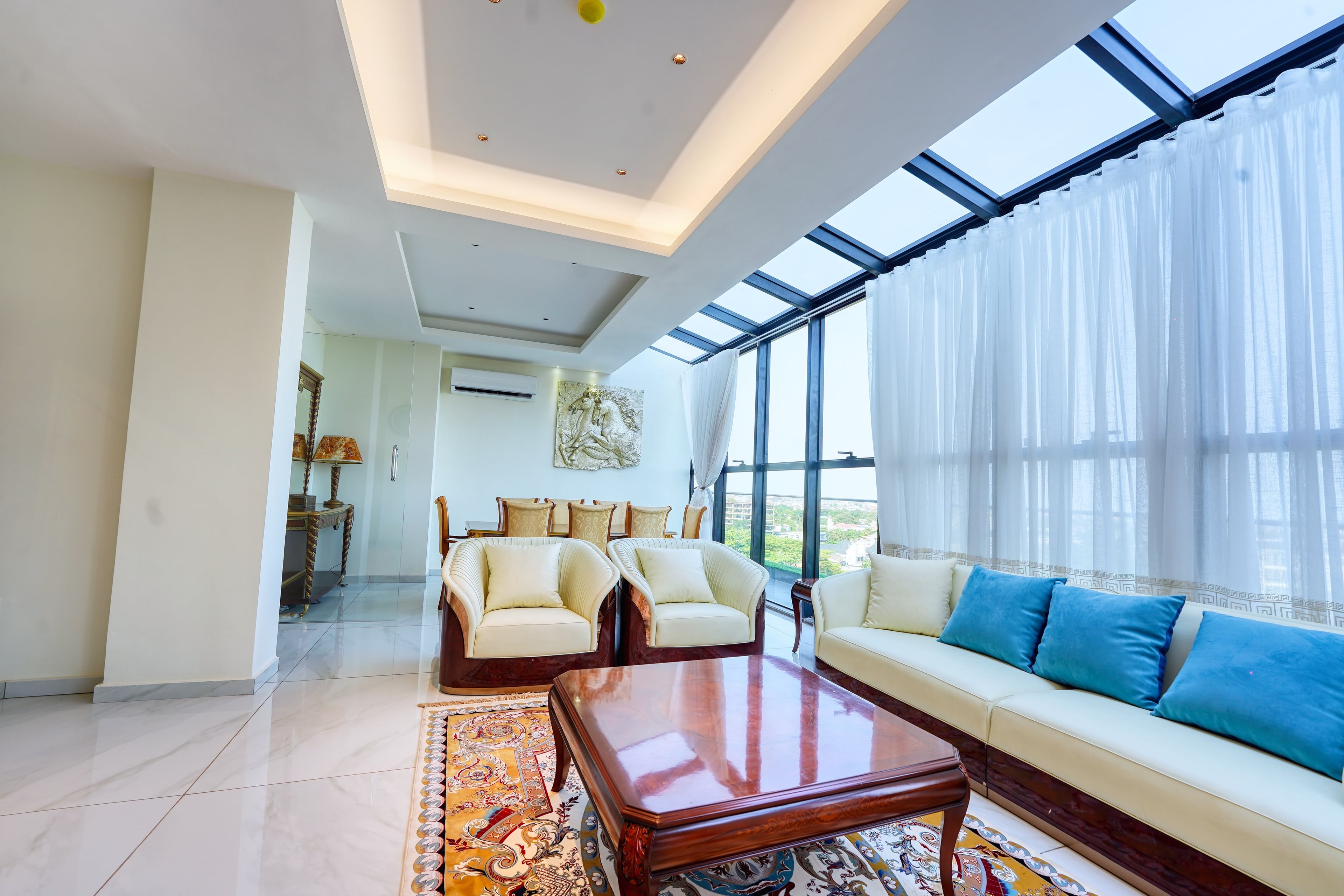 A marble-finished living room